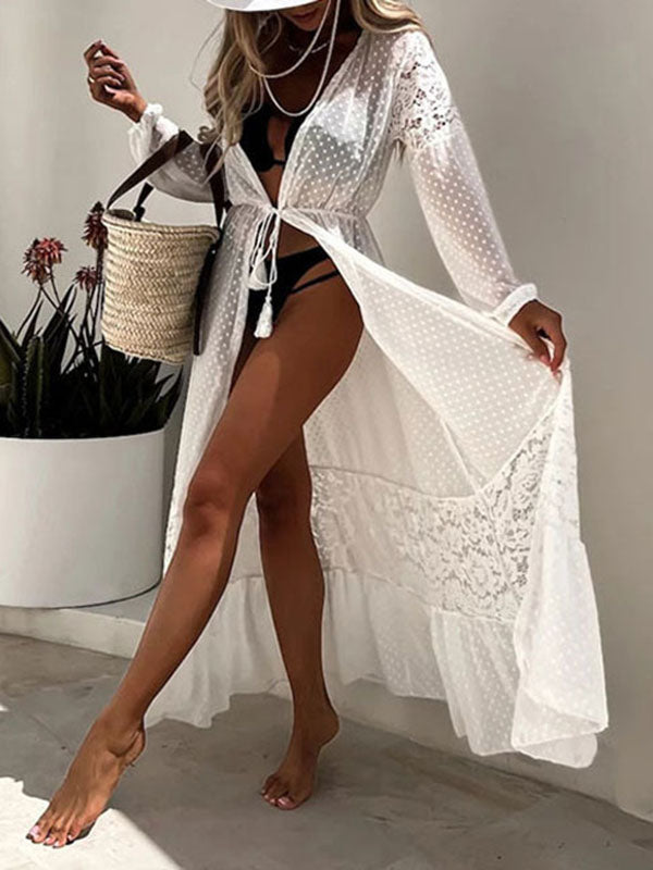 Inrosy couvre-maillot à pois dentelle mousseline fluide ceinture manches longues femme décontracté maillots de bain