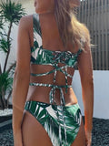 Inrosy maillot de bain 3 pièces découpes imprimé tropicale feuille femme bohème mode ete