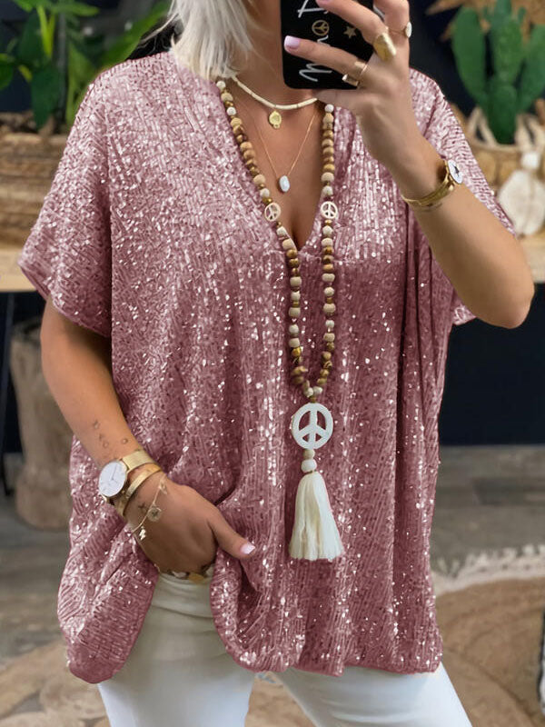Inrosy t-shirt brillante paillette v-cou manches courtes femme lâche