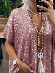 Inrosy t-shirt brillante paillette v-cou manches courtes femme lâche