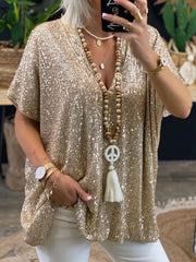 Inrosy t-shirt brillante paillette v-cou manches courtes femme lâche