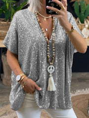 Inrosy t-shirt brillante paillette v-cou manches courtes femme lâche