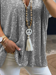 Inrosy t-shirt brillante paillette v-cou manches courtes femme lâche