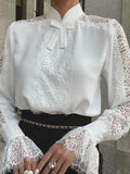 Inrosy blouse dentelle transparent col montant femme élégant chemisier style tailleur