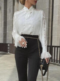 Inrosy blouse dentelle transparent col montant femme élégant chemisier style tailleur