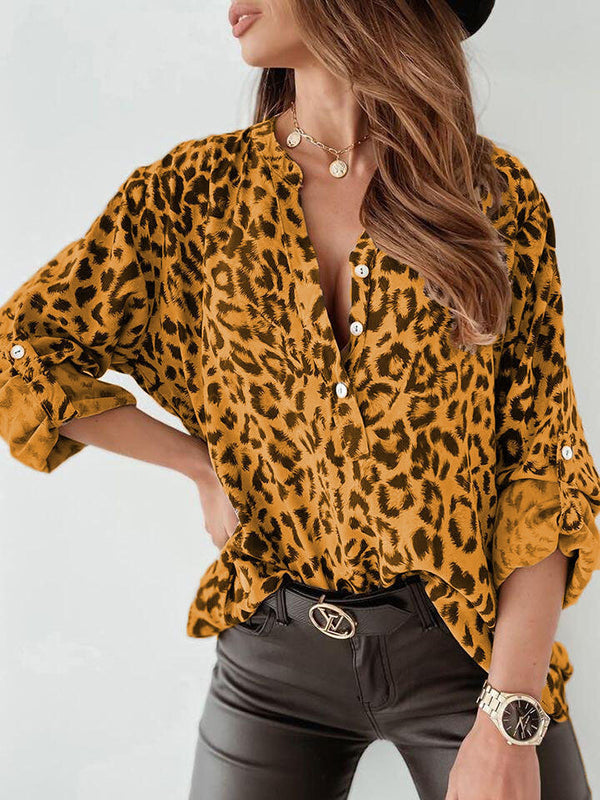 Inrosy chemisier léopard boutonnage col montant manches longues femme casual blouse