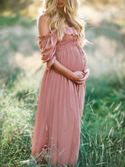 Inrosy robe de grossesse longue à volantée col bateau manches courtes femme élégant enceinte shooting