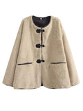 Inrosy veste en peluche en fausse fourrure boutonnage poches col rond manches longues femme élégant mode hiver manteau